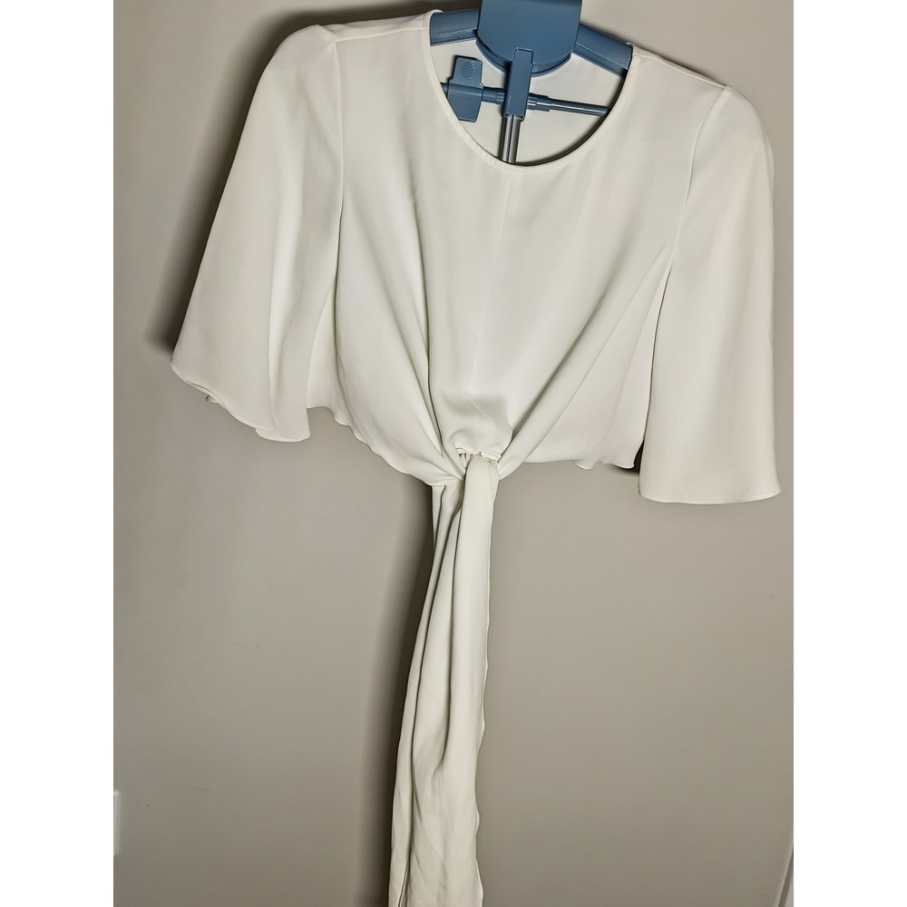 Zara Basic Womens Medium Cream Front Tie Draped Crop Blouse Short Flutter Sleeve